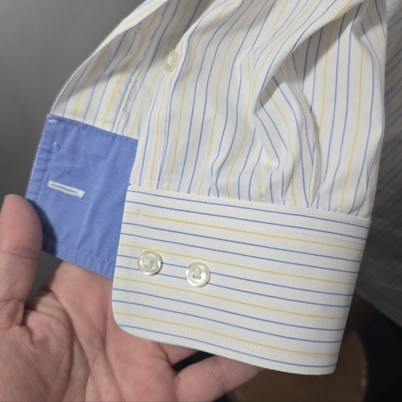 Paul Fredrick non-iron two-ply cotton pinpoint Long Sleeve Shirt Slim Fit Stripe - Picture 8 of 10